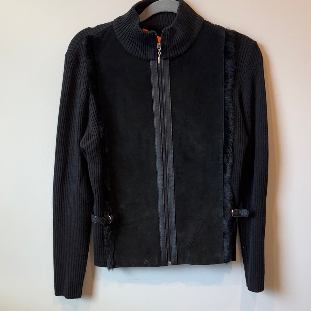 Cynthia Steffe Black Suede Jacket with Ribbed Sleeves & Faux Fur Accent size L